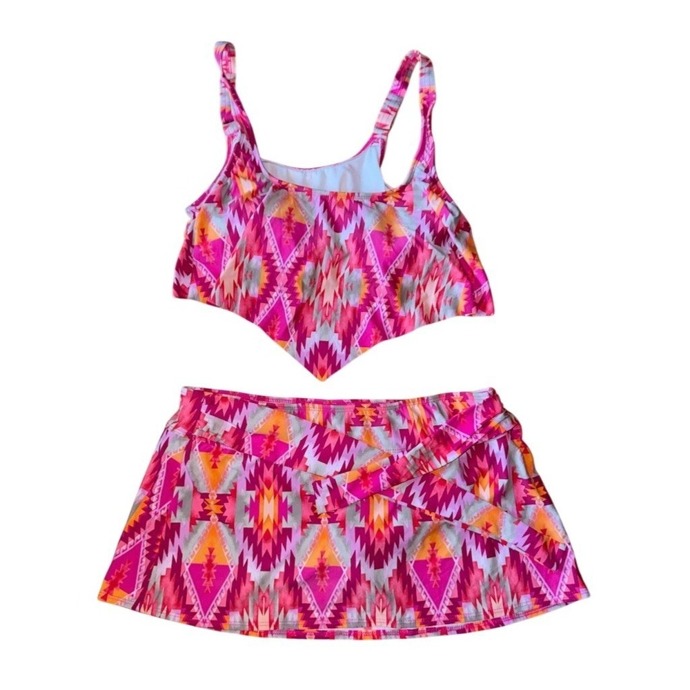 Antonio Melani Tankini Swim Set Womens M Pink Aztec 2-Piece Skirted hanky hem - Picture 2 of 10